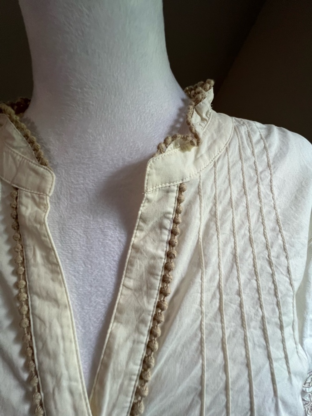 Cream Pintuck Boho Blouse with Trim